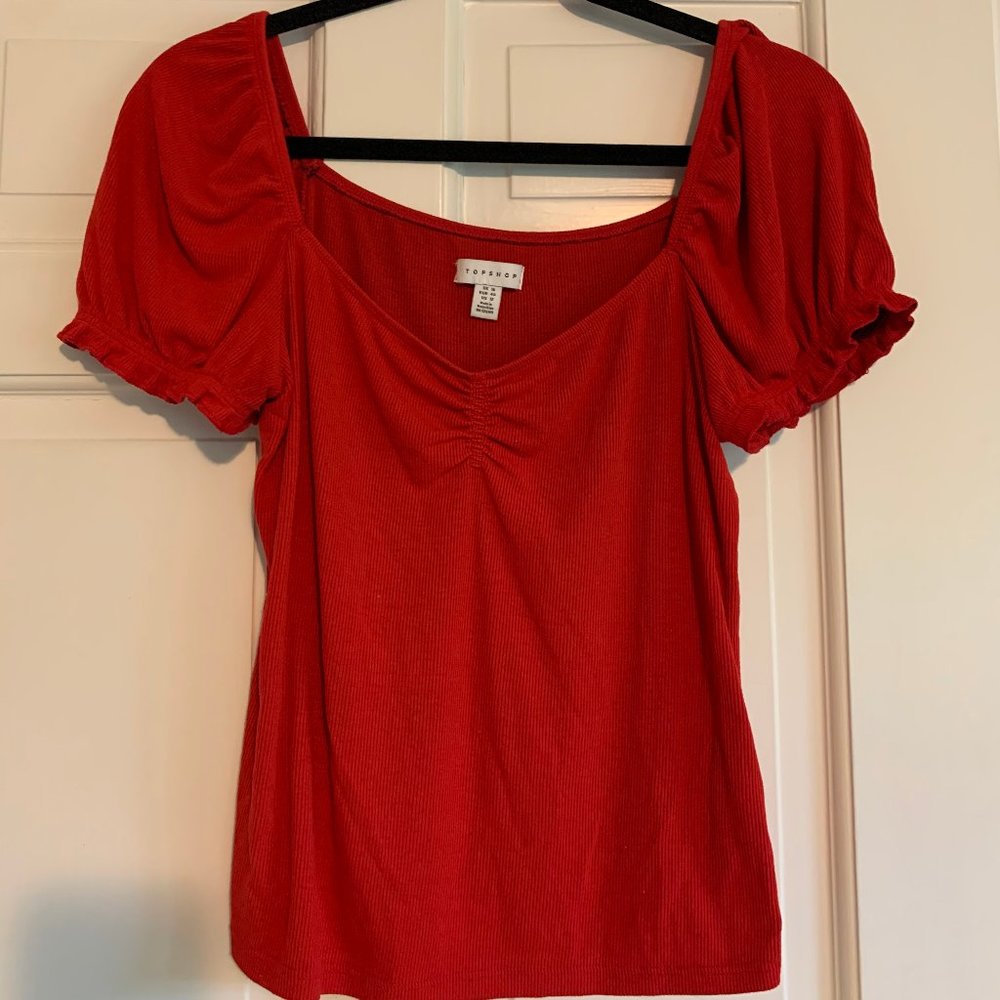 Topshop Red Ribbed Puff Sleeve Sweetheart Top